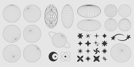 Y2k geometric design elements set isolated on background. Vector realistic illustration of abstract black planet globes, stars and sparkles, retro line art aesthetic, minimal techno banner decorationのイラスト素材