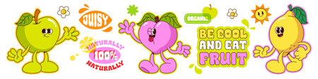Groovy fruit cartoon characters - green apple, pink peach and yellow pear with smiling faces and limbs. Retro mascots surrounded by phrases on stickers, flower, sun icon for healthy eating design.のイラスト素材