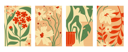 Botanical minimalist banner collection with trendy doodle style - panels with red flowers, cream daisies, curved green leaves, abstract plant shapes on beige backgrounds. Modern floral illustrationsのイラスト素材
