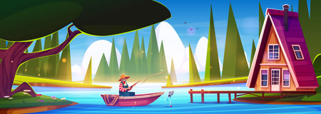 Forest cartoon landscape with fisherman catching fish on blue lake beside log cabin. Bearded man sitting in boat, cozy wooden house with pier, green trees and grass surrounding water of river.のイラスト素材
