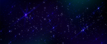 Outer starry night with bright sparkle elements scattered across dark cosmos. Twinkling celestial bodies illuminate space on mystical atmospheric backdrop. Glowing stellar astronomical pattern.のイラスト素材
