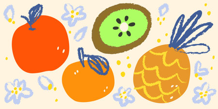 Risograph tropical fruit composition with vibrant orange and apple, kiwi slice and pineapple. Blue...