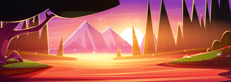 Forest cartoon landscape at sunset with lake. Distant mountains, water in river with reflection, trees and grass with flowers on banks of pond glowing by bright sun on pink and orange gradient sky.のイラスト素材