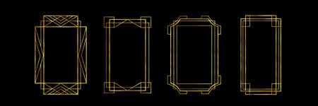 Great Gatsby deco frame collection with gold geometric borders on black background. Minimalist art nouveau style metallic outlines for luxury invitations, certificates or vintage design elements.のイラスト素材