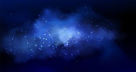 Smoke sparkle background with glowing blue nebula effect and scattered shimmering stars. Mystical cosmic atmosphere with luminous particles and vapor cloud. Dreamy night sky with magic fog and glitterのイラスト素材