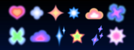 Y2k blur shape set with neon gradient icons on dark background. Vibrant pastel symbols of heart and star, cloud and diamond, flower. Glowing elements with soft edges for nostalgic digital design.のイラスト素材