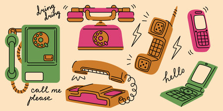 Vintage phone cartoon collection with rotary payphone, landline, flip mobile device and retro receiver. Old school communication equipment with text bubbles. Nostalgic telecommunication illustration.のイラスト素材