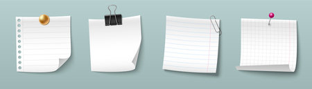 Paper notes with different fasteners. Lined sheet with metal clasp, blank page attached by binder clip, ruled memo held with paperclip, and graph grid fixed with pushpin for office organization.のイラスト素材