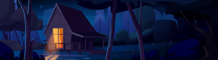 Log cabin in night forest with glowing window. Small wooden house surrounded by trees under moonlight. Cozy wilderness retreat. Dark blue scene for camping illustration or mystery game background.のイラスト素材