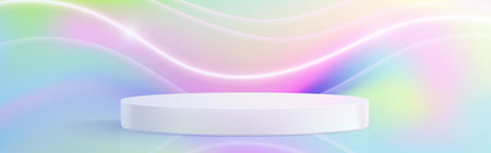 Hologram 3d stage with white circular platform on iridescent background. Neon flowing light waves in minimalist display space for product presentation. Elegant podium under luminous curved lines.のイラスト素材