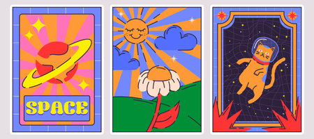 Groovy space poster set with bright colors and retro aesthetics. Psychedelic Saturn planet with rings, daisy flower on hills under dreamy sun and orange astronaut cat floating in outer cosmos.のイラスト素材