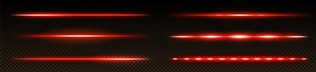 Red neon lines set isolated on transparent background. Vector realistic illustration of bright laser beams glowing in darkness, led tube light, magic energy speed effect, thin horizontal dividerのイラスト素材