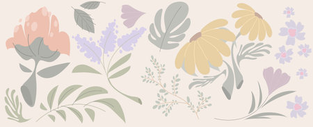 Trendy tropical botanical doodle elements - leaves and flowers in pastel colors. Whimsical floral nature drawing, sketch greenery twigs and stems. Hand drawn plants and herb illustration design.のイラスト素材
