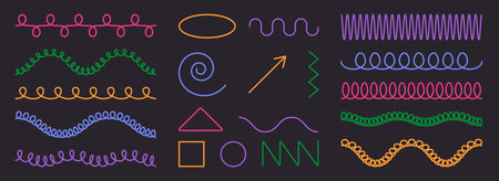 Colorful geometric spring coil line art collection - curly spirals and loops, waves and zigzags, coils on dark background. Decorative squiggly patterns, circular swirls, square and triangle shapes.のイラスト素材