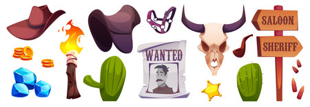 Wild West cowboy cartoon elements set - wanted poster and sheriff star badge, cactus and wooden saloon signboard, bull skull with horns, hat and smoking pipe, horse saddle and bridle, flaming torch.のイラスト素材