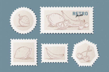 Retro fruit stickers with line art illustration - strawberry, lemon, banana, cherry on postage stamp frames for product packaging design, organic food label. Vintage hand drawn produce sketch set.のイラスト素材