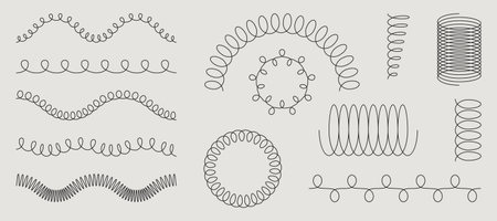 Spring and coil shapes collection - various spiral, wavy and looped lines. Minimalist doodle monochrome design elements set. Hand drawn vector squiggles and curves for borders, dividers, decorations.のイラスト素材