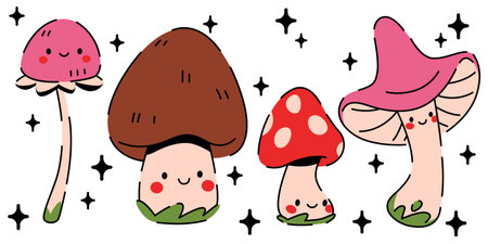 Cute mushroom characters mascot pack - adorable pink toadstool, spotted chestnut bolete, scarlet fly agaric cartoons stand on green grass. Whimsical fungi emoticons for kids decorative design.のイラスト素材