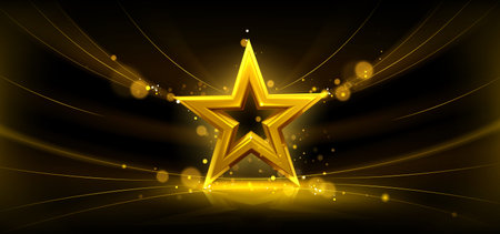 Gold 3d star on black background with glowing light rays and bokeh particles. Award symbol...
