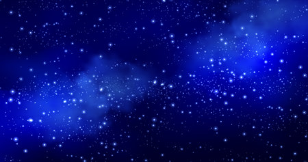 Starry night sky background - sparkle stars scattered across deep blue outer space. Cosmic galaxy texture for astrology or astronomy design. Celestial universe midnight backdrop with starlight shine.のイラスト素材