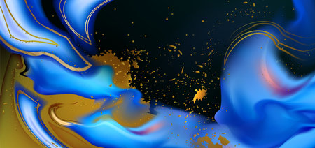 Blue and gold ink texture with abstract marbled effect. Fluid art background with vibrant colors - deep indigo, electric blue, metallic golden splatters. Wavy dynamic design with twisted liquid shapesのイラスト素材
