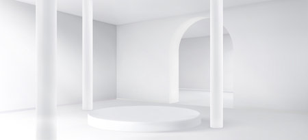 White minimal abstract interior, 3d architectural background with geometric shapes and curved lines. Round podium or platform, empty hall with columns and arch passages. Futuristic clean light design.のイラスト素材
