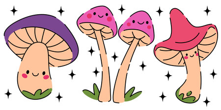 Mushroom character set illustrations - cute cartoon fungi mascots with pink and purple caps, blush cheeks, smiling face emotions. Simple flat vector drawings for autumn nature design, kids storybooks.のイラスト素材
