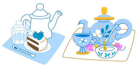 Tea time setup illustration - floral teapot, cups, cake slice, spoon, sugar cubes and honey in bowl on fabric napkin. Whimsical hand drawn elements of hot beverage with dessert in cute risograph styleのイラスト素材