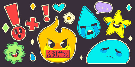 Sad emoji stickers set isolated on black background. Vector cartoon illustration of angry, upset, crying emoticons, exclamation sign, star and flower smiley faces for retro social media, banner designのイラスト素材