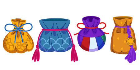 Chinese lucky bags set isolated on white background. Vector cartoon illustration of traditional asian sacks decorated with golden coin and color ropes, New Year festive symbol of wealth, money pocketのイラスト素材