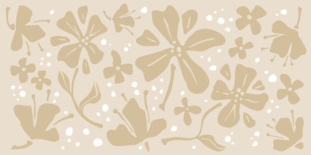 Boho floral silhouettes - beige botanical background with abstract flowers, leaves, petals. Organic shapes, paper cut style floral elements. Neutral boho wallpaper, decor fabric print vector design.のイラスト素材