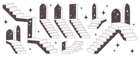 Retro stairs collection - stone steps, spiral staircases, arched passages with stars. Straight, winding ladders architecture design elements. Vector vintage building interior illustrations set.のイラスト素材