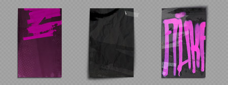 Punk grunge posters with halftone elements on transparent backdrop. Magenta paint strokes, black crumpled texture, pink dripping letters. Urban aesthetic with distressed surfaces, dot patterns.のイラスト素材