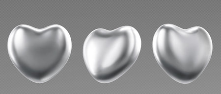 Chrome heart with shiny metallic surface in different angles. Silver 3d metal shapes with smooth reflections on transparent background. Luxury romantic icons, wedding or Valentine day design elements.のイラスト素材