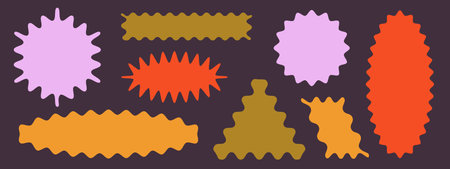 Scallop shape frames kit - wavy and zigzag border designs. Jagged edge outline silhouettes for labels, price tags or promotion stickers. cute decorative geometric elements for callout badges.のイラスト素材