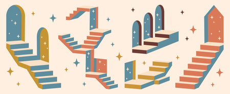 Retro surreal stairs set - abstract geometric ladders with doors, winding steps silhouettes. Vintage staircases shapes collection of unusual architecture elements, fairytale entrance concepts.のイラスト素材