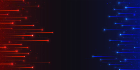 Red vs blue tech rain background - glowing neon lines moving horizontal. Futuristic abstract design, light streaks descending on dark backdrop. Sci fi digital art for web banner, versus screen.のイラスト素材
