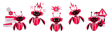 Cute red robot character set with issues. Chatbot AI assistant mascot with error, warning symbols -...