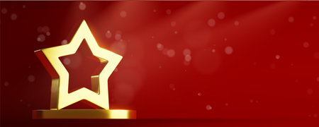 Gold 3d star award on circular base on red background with soft bokeh effect. Hollow metallic trophy with shiny yellow finish for achievement ceremony celebration or luxury event invitation design.のイラスト素材
