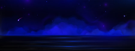 Midnight sky backdrop with dreamy smoke and hazy fog drifting over calm water, fantasy night scenery, mysterious atmosphere with ethereal blue mist and twinkling stars in dark celestial space.のイラスト素材