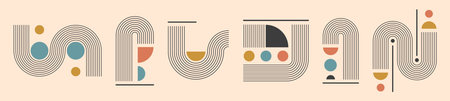 Arch shaped blocks, lines and geometric shapes in retro colors. Minimal design elements set. Abstract mid century modern art composition. Elegant arc, curves and rounds. Aesthetic trendy vector.のイラスト素材