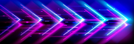 Neon glowing arrows showing forward, futuristic bright laser light stripes. Dynamic motion speed boost concept, pink blue optical flares. Cyber abstract technology background, shiny lines texture.のイラスト素材