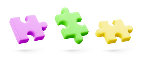 Colorful 3d puzzle pieces in pastel yellow, pink and green hues. Glossy jigsaw elements with rounded edges and smooth plastic texture for logical game, problem solving, creative solution concept.のイラスト素材