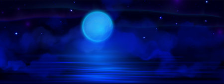 Moonlit night sky background - dreamy blue smoke, hazy fog over calm water surface, mystical midnight landscape with glowing full moon reflection, fantasy ethereal nature scenery illustration.のイラスト素材
