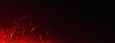 Fire sparks and glowing embers swirling in dark space, red hot burning particles flying up, fiery abstract background with blaze flares, smoldering flame fragments scattering from bonfire or explosionのイラスト素材