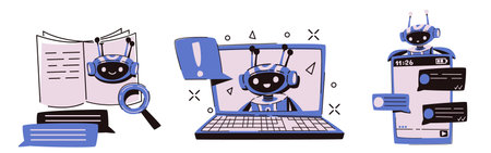 Set of cute chatbot illustration elements - laptop with robot assistant on screen, documents with...