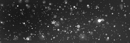Snowflakes falling on transparent background. Vector realistic illustration of blurred sparkling snow flying in air, winter holiday snowfall, snowy frosty weather, xmas card design, overlay effectのイラスト素材