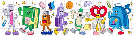 Groovy school supplies cartoon character set - smiling book, backpack, markers and basketball, glue and pencil. Cute stationery, education items mascot with eyes, mouth, hands and feet in retro colorsのイラスト素材