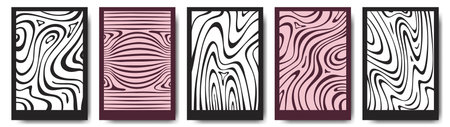 Psychedelic wave pattern backgrounds set - optical illusion designs with warped curved lines, hypnotic stripes. Abstract surreal wavy distorted textures. Trendy retro style vector poster frames.のイラスト素材