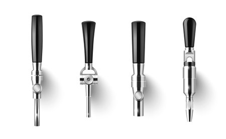 Beer tap mockups set isolated on white background. Vector realistic illustration of bar or restaurant equipment for pouring beverages, shiny steel faucet with black handle, craft brewery barrel pumpのイラスト素材